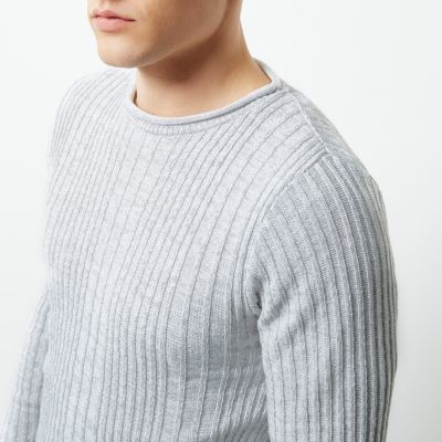 Light grey rib knit crew neck jumper